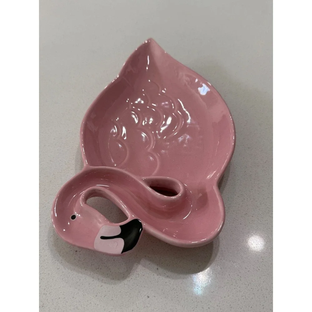 Pink Flamingo Ceramic Trinket Dish Ring Jewelry Holder Tray Glossy Tropical
